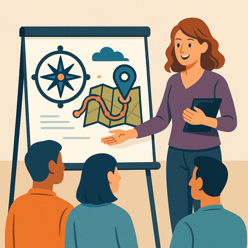 Storytelling2_500x500px stilisierte Frau am Flipchart erklärt Landkarte dem Publikum